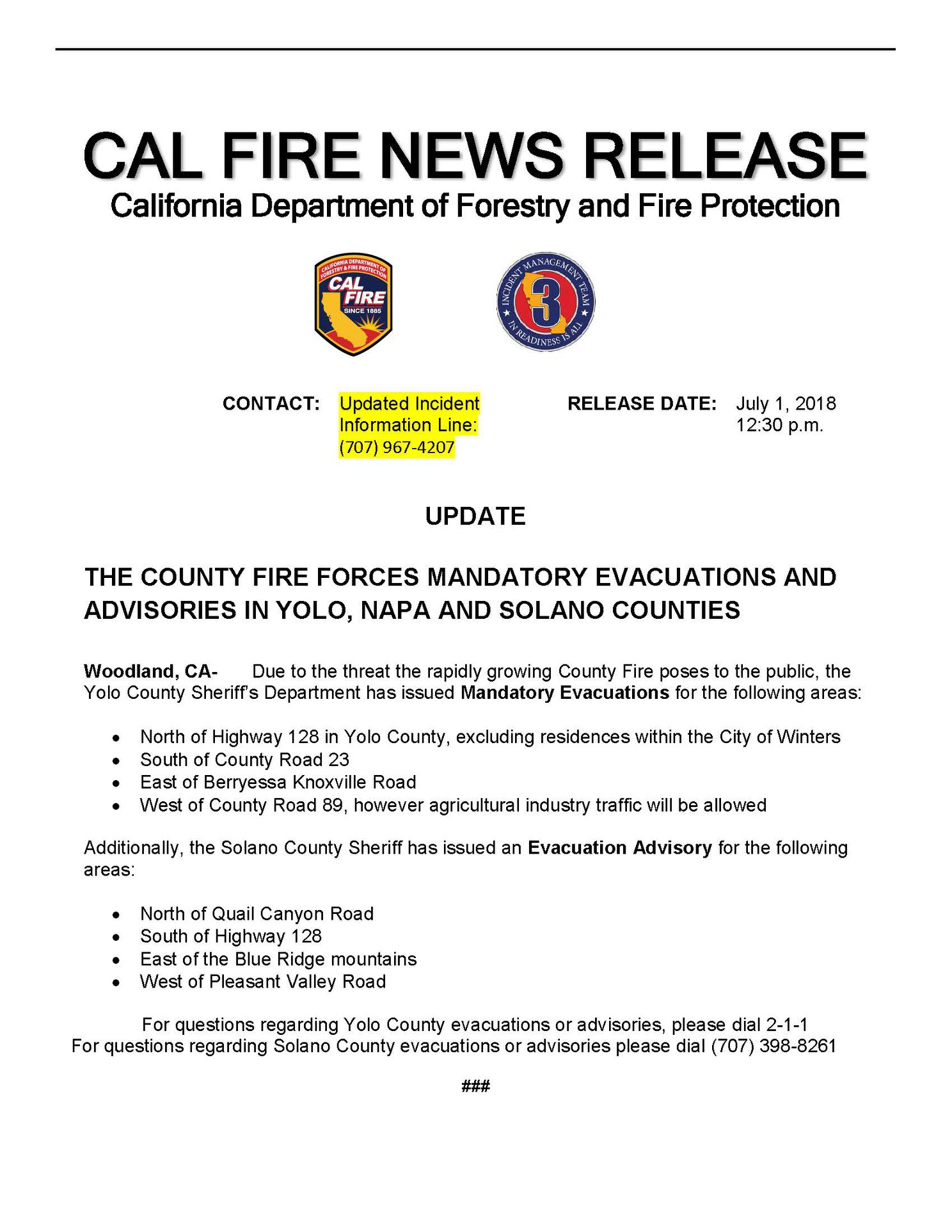 CAL FIRE - CAL FIRE NEWS RELEASE for July 1 2018. The...