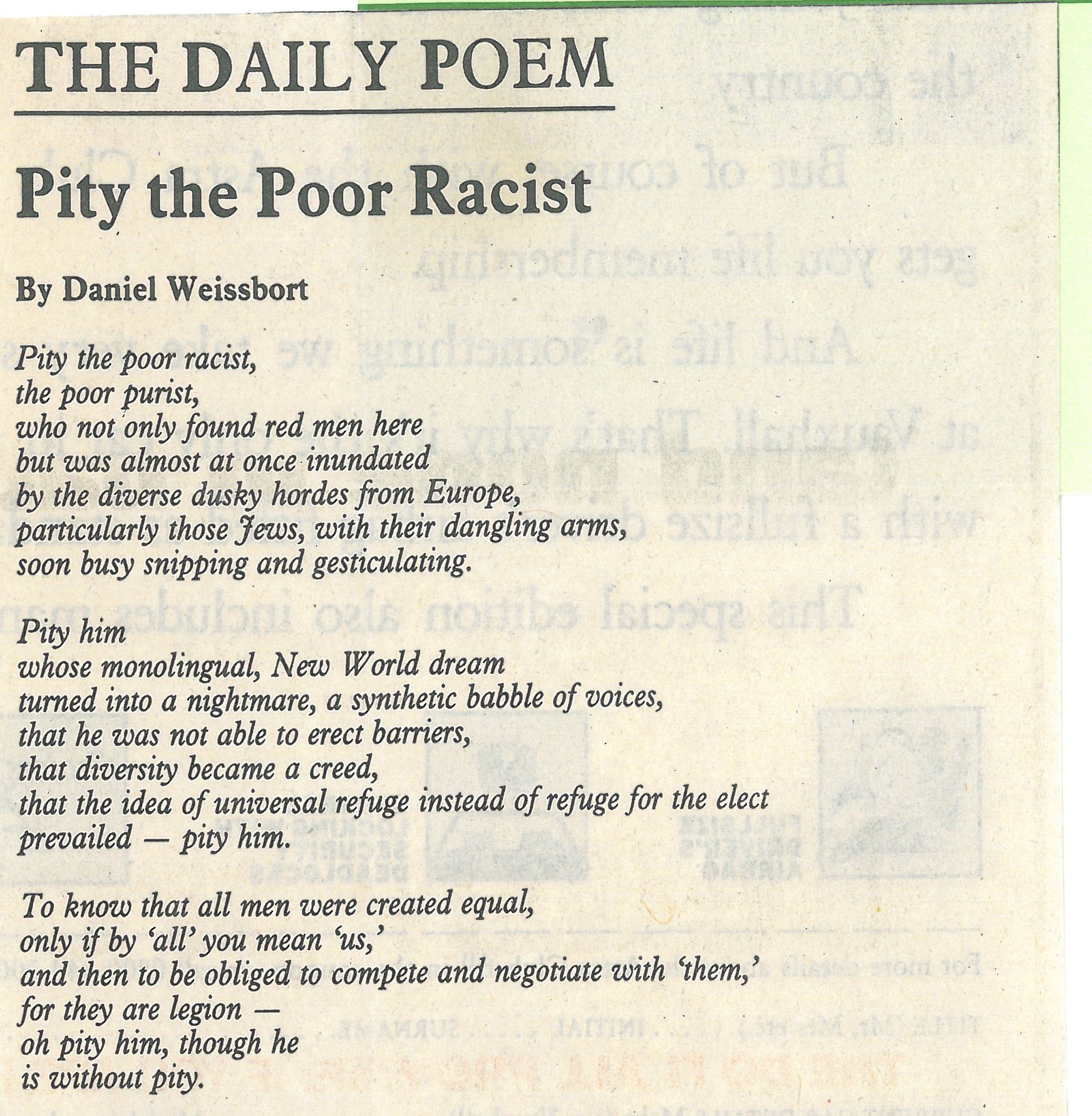 Carcanet - Daniel Weisbbort's poem 'Pity the Poor Racist', printed as ...