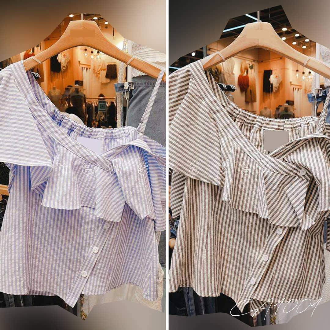 單邊吊帶Asymmetric 條子露肩麻Top (可調較長度) Sky... - Newspaper Fashion
