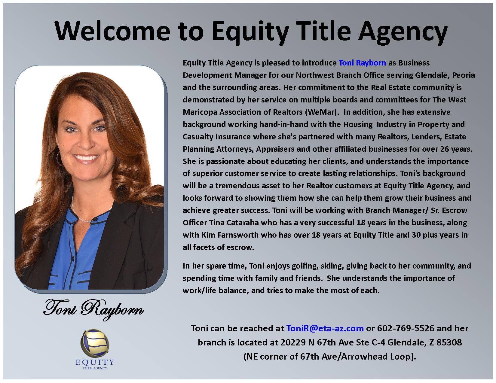 Help Us Welcome Toni... - Equity Title Agency of Arizona
