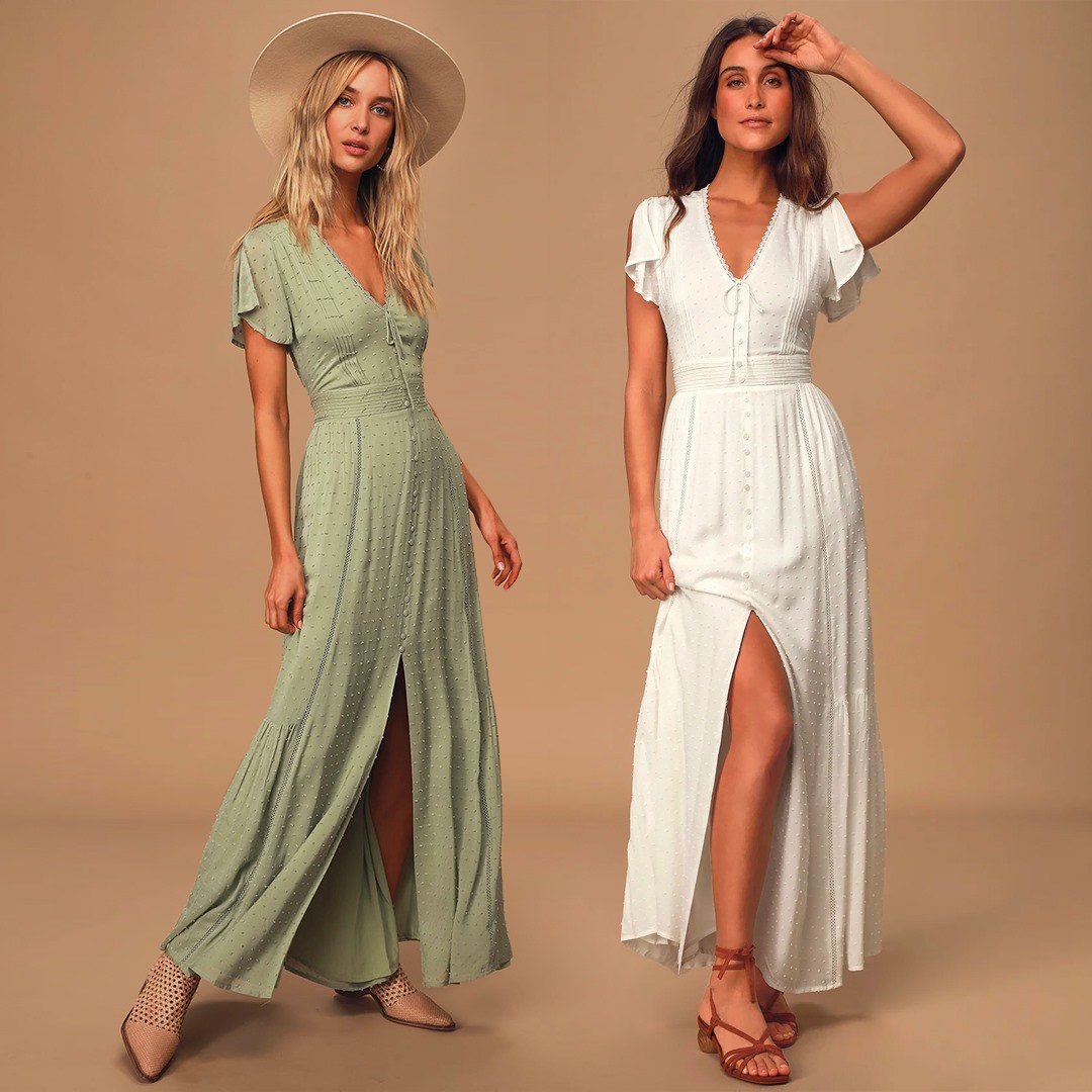🌼 Do you love our Completely In Love Swiss Dot Button-Front Midi Dress in gorgeous SAGE GREEN or whimsical WHITE? 🌼 #lovelulus Comment below and let us know which you love the