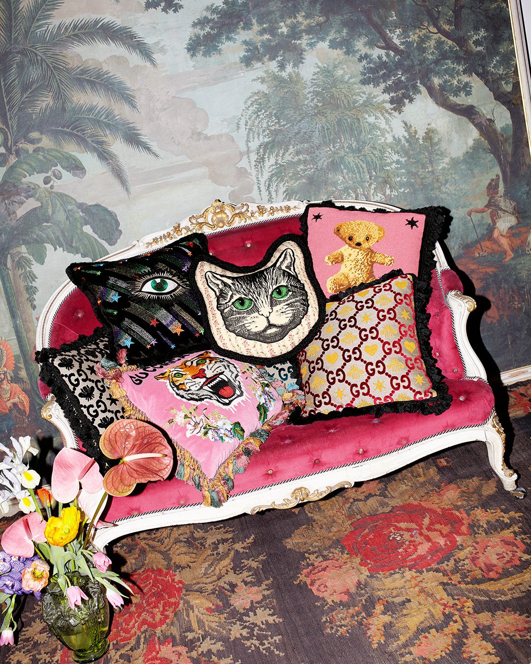 Photographed by Simon, new Gucci Décor embroidered velvet cushions