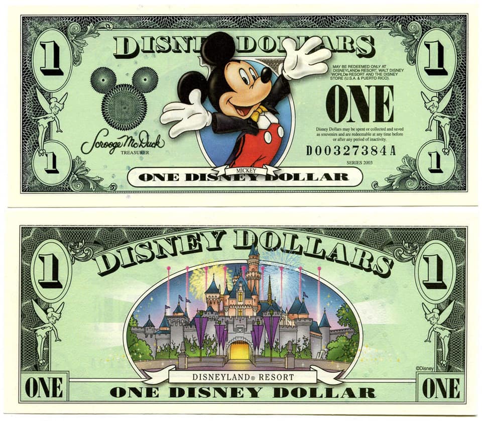 1987 – “Disney Dollars” roll off Mickey's printing press for the