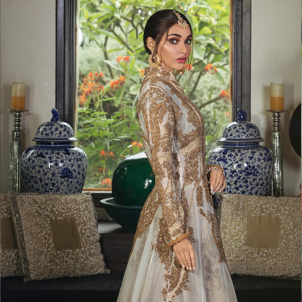 open lace back dress HSY Luxury Pearl White Pishwas Bridal Maxi Dress