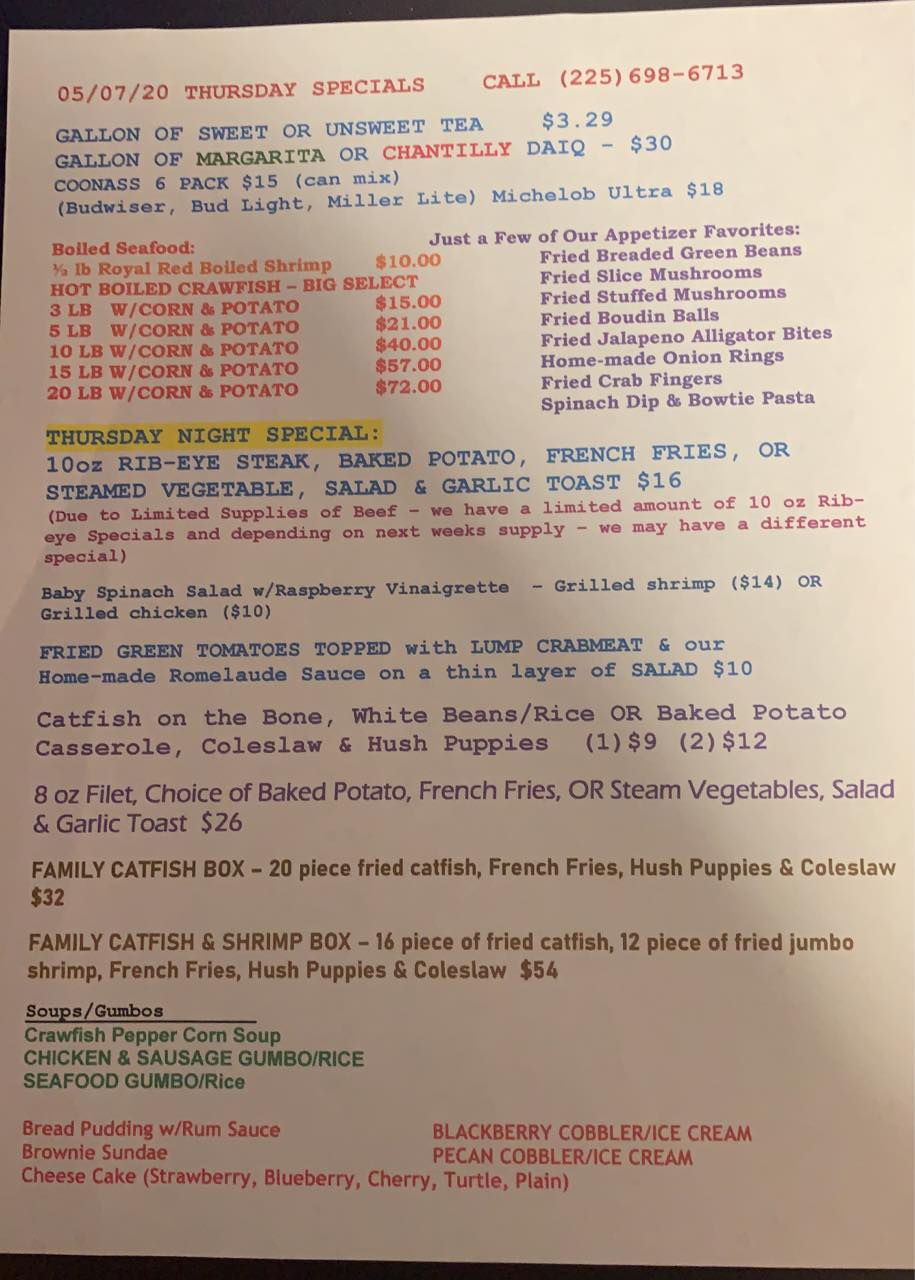 Hill Top Inn Restaurant Home Maurepas, Louisiana Menu, Prices