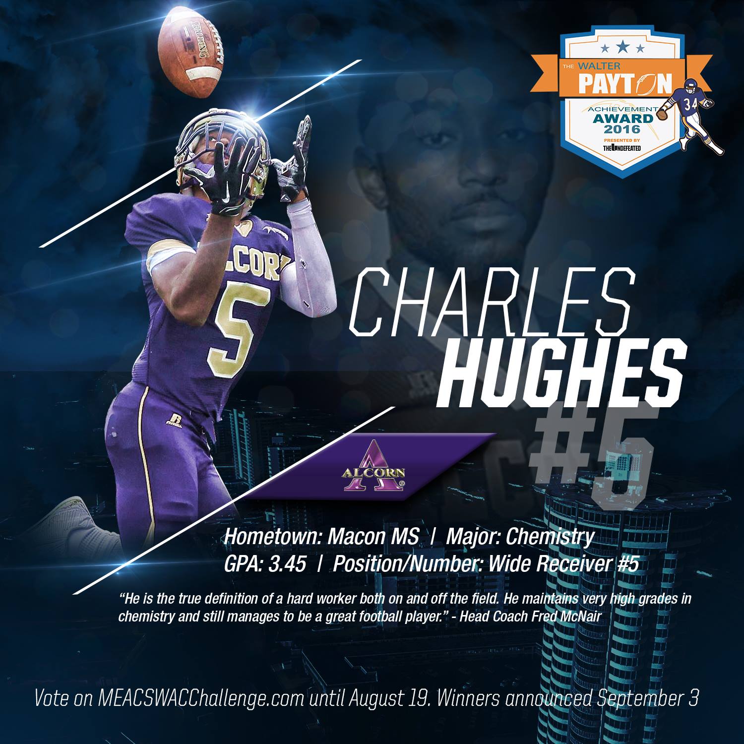Alcorn State University He Is The True Definition Of A Hard Worker Both On And Off The Field Head Coach Fred Mcnair Vote On Www Meacswacchallenge Com Until Aug 19 Winners Announced