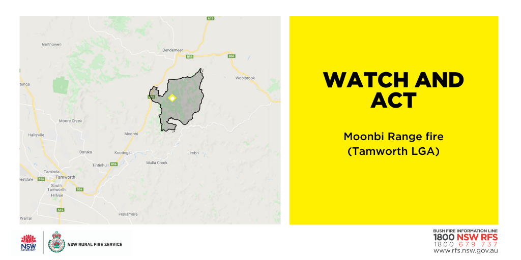 NSW - Watch and Act - Moonbi Range fire (Tamworth LGA). Fire is burning ...