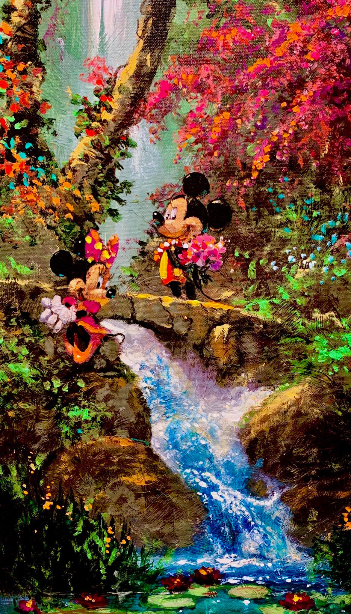 Mickey and Minnie surfing Waikiki waves in Disney art