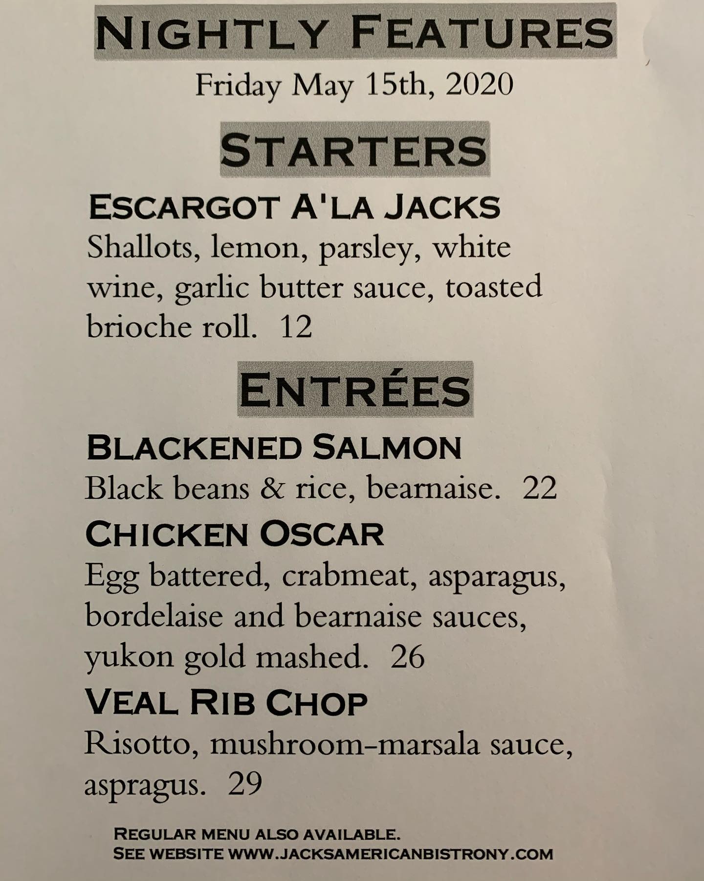 Jack's American Bistro Home Queensbury, New York Menu, Prices