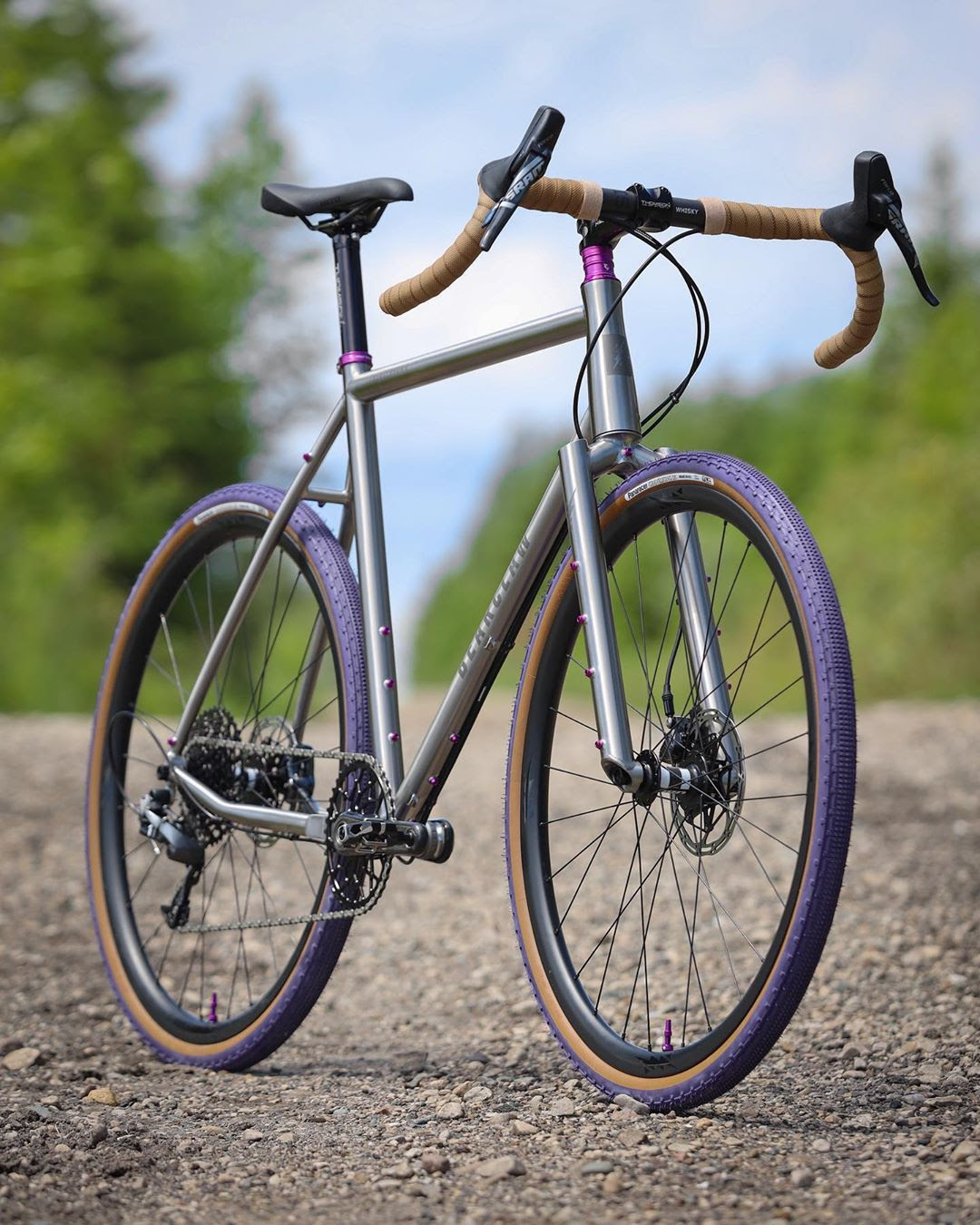 Panaracer's purple Gravelking tires on a Bearclaw Bicycle Co bike
