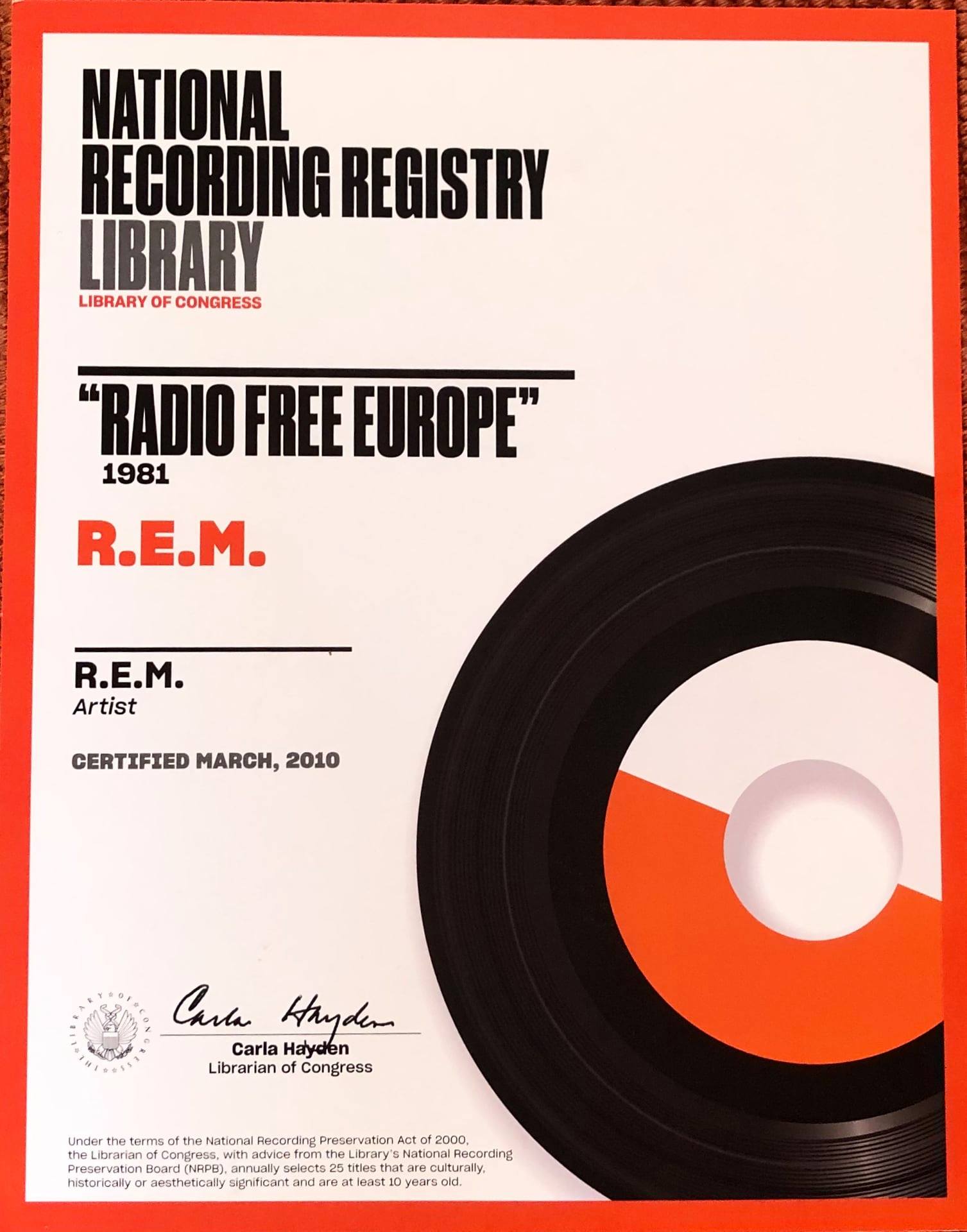 R.E.M. - Here’s the certificate the band received when the original Hib ...