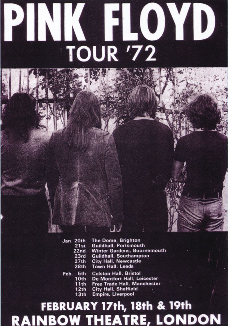 A poster for upcoming shows by Pink Floyd at the start of 1972