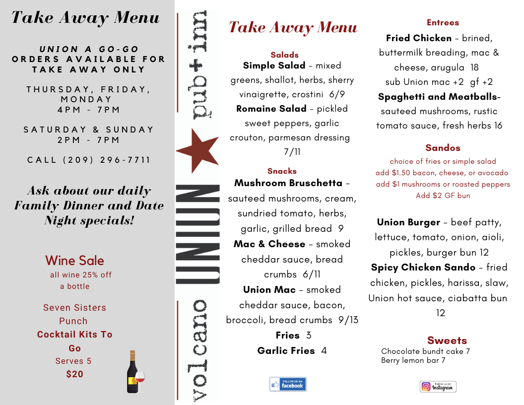 Check out our menu for next week!! We... - Volcano Union Inn | Facebook