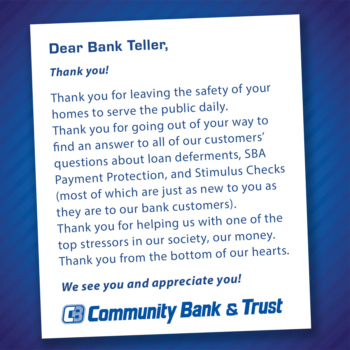 We’d like to say a huge thank you... - Community Bank & Trust