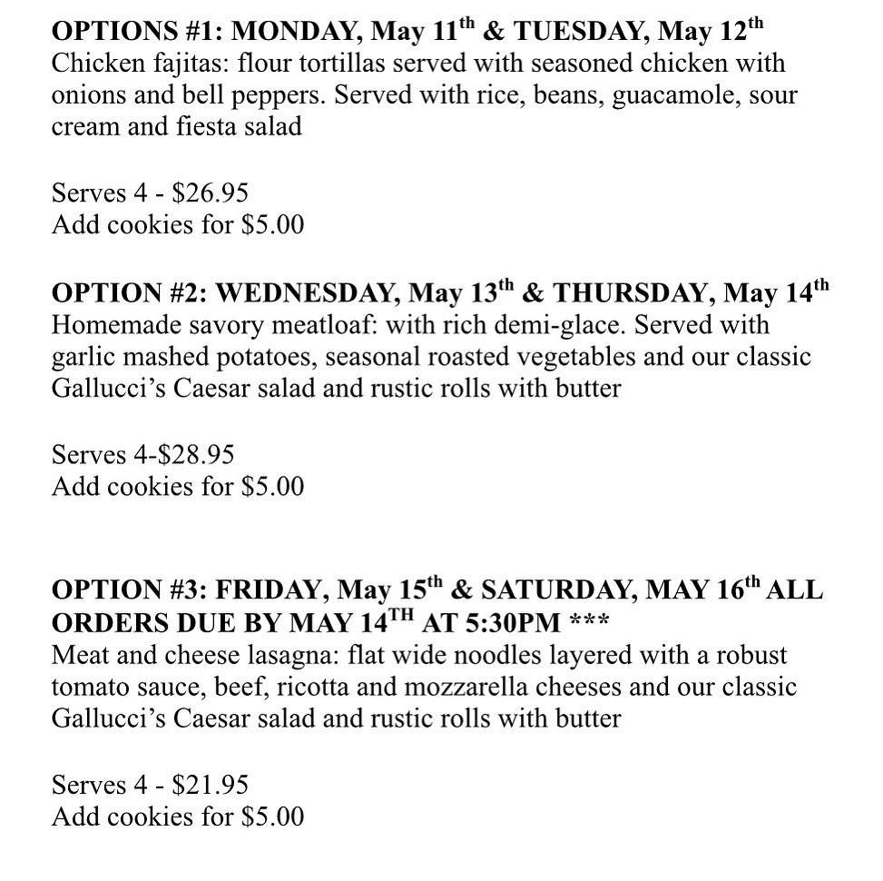 Gallucci's - Menu for May 11th - May 16th. Please place all orders at ...