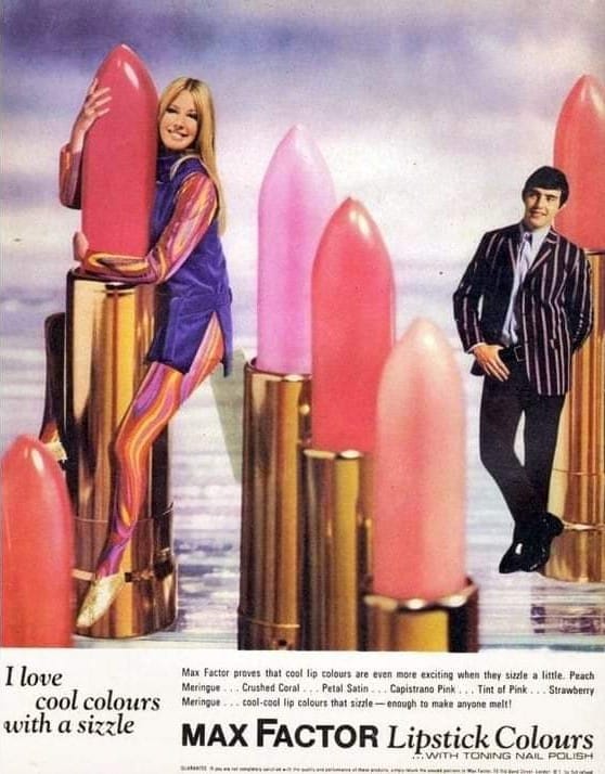 GEMINESSE by MAX FACTOR マックスファクター ポスター Max Factor Geminesse Lipsticks in white and nugget cases, 1966