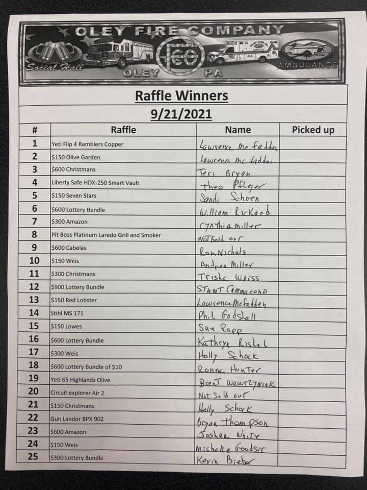 Winners from tonight’s drawing.... - Oley Fire Company | Facebook