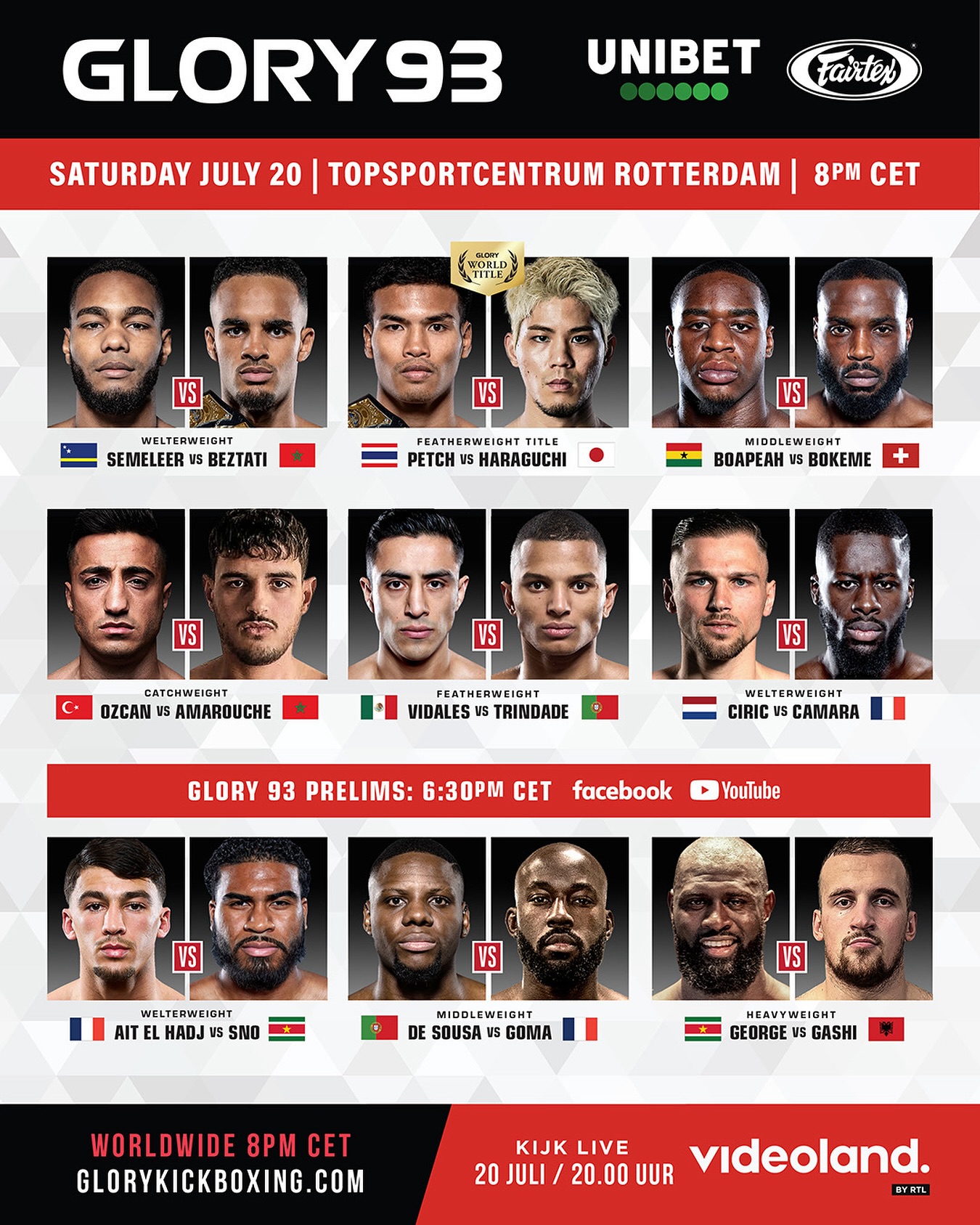 キックボクシングポスターB2　GLORY／RISE フェザー級8人トーナメント 🚨#GLORY93 updated full Fight Card announced for July 20 at