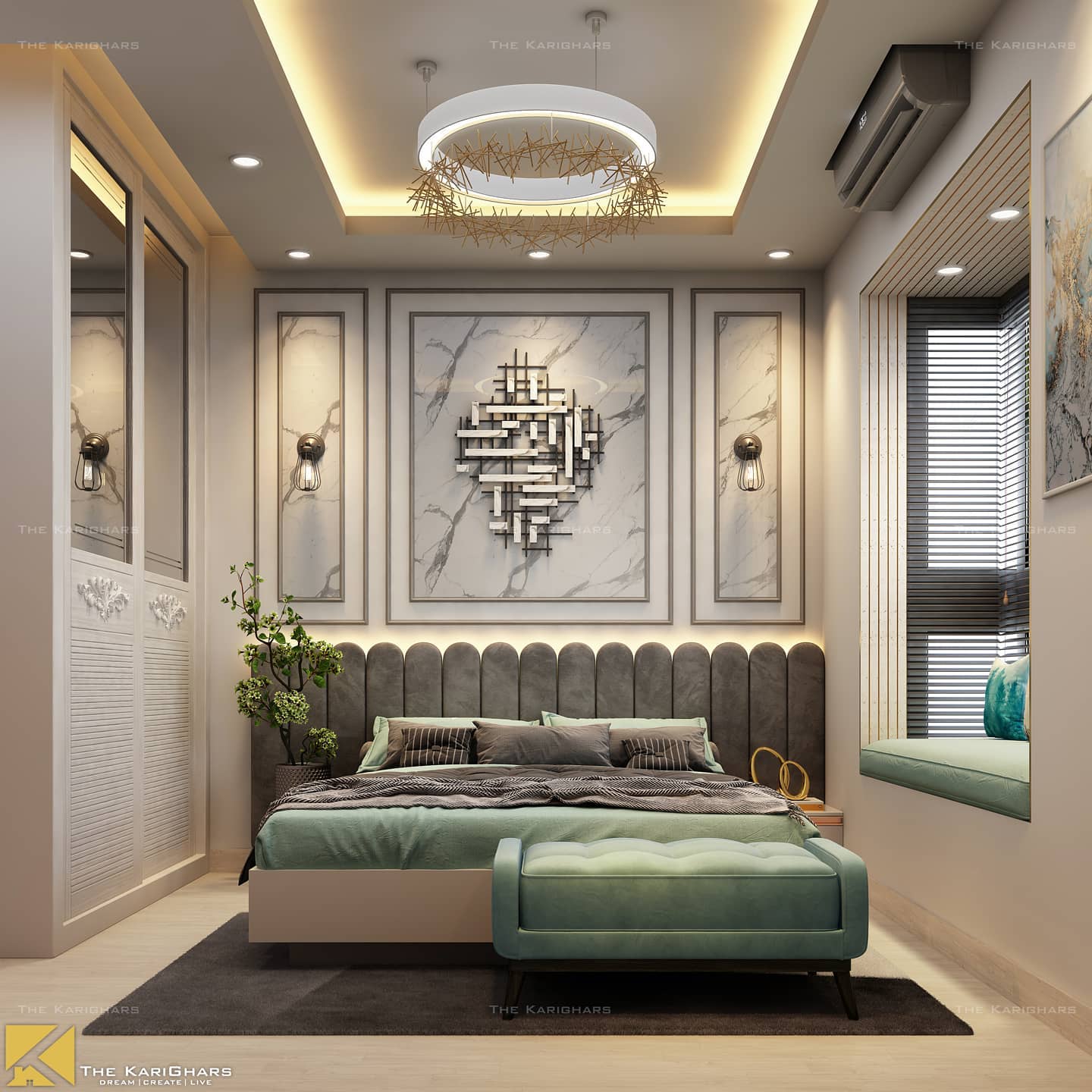 The KariGhars - Bed in centre, chandelier above, and a rug beneath- the ...