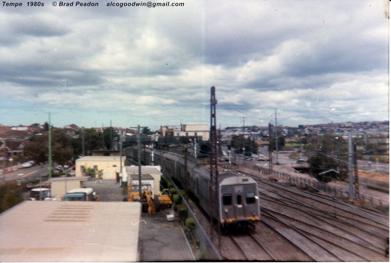 Grubby old 80s shot of a spark approaching Tempe station.**