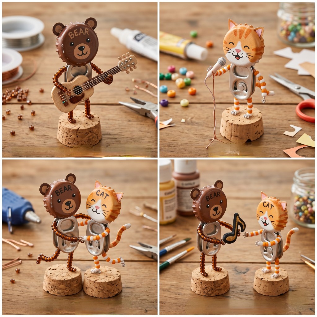 ハンドメイド ギターを弾く熊 コルク人形 茶耳 A musical woodland-inspired craft collection features singing cats