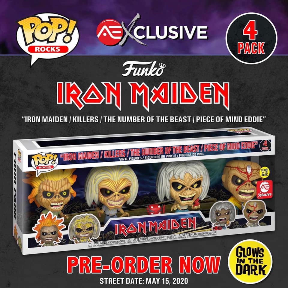 🚨PRE-ORDER: FUNKO POP! ROCKS: Iron Maiden - Eddie 4PK (Glow in
