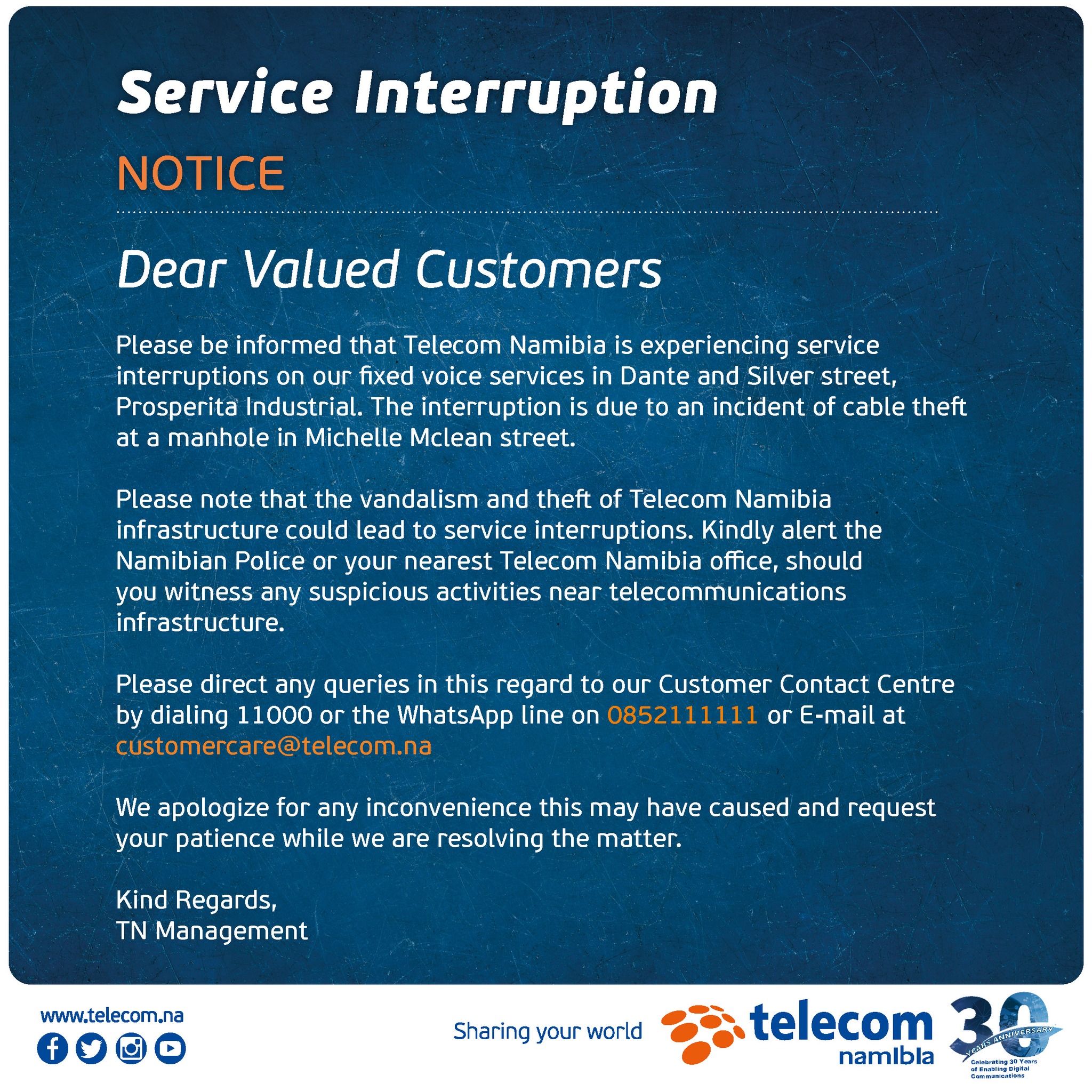 Telecom Namibia - NOTICE: Service interruption due to... | Facebook