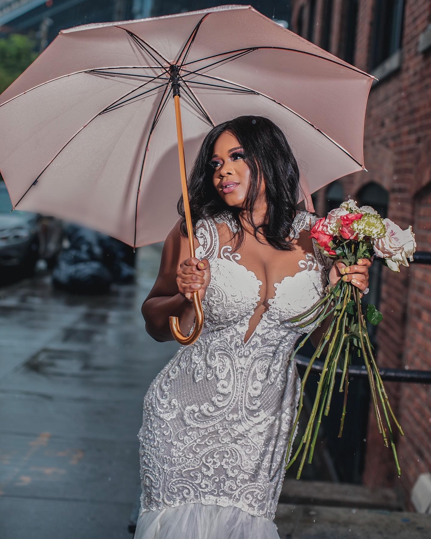 Naama and Anat Bridal's illusion lace wedding dress for brown skin tones