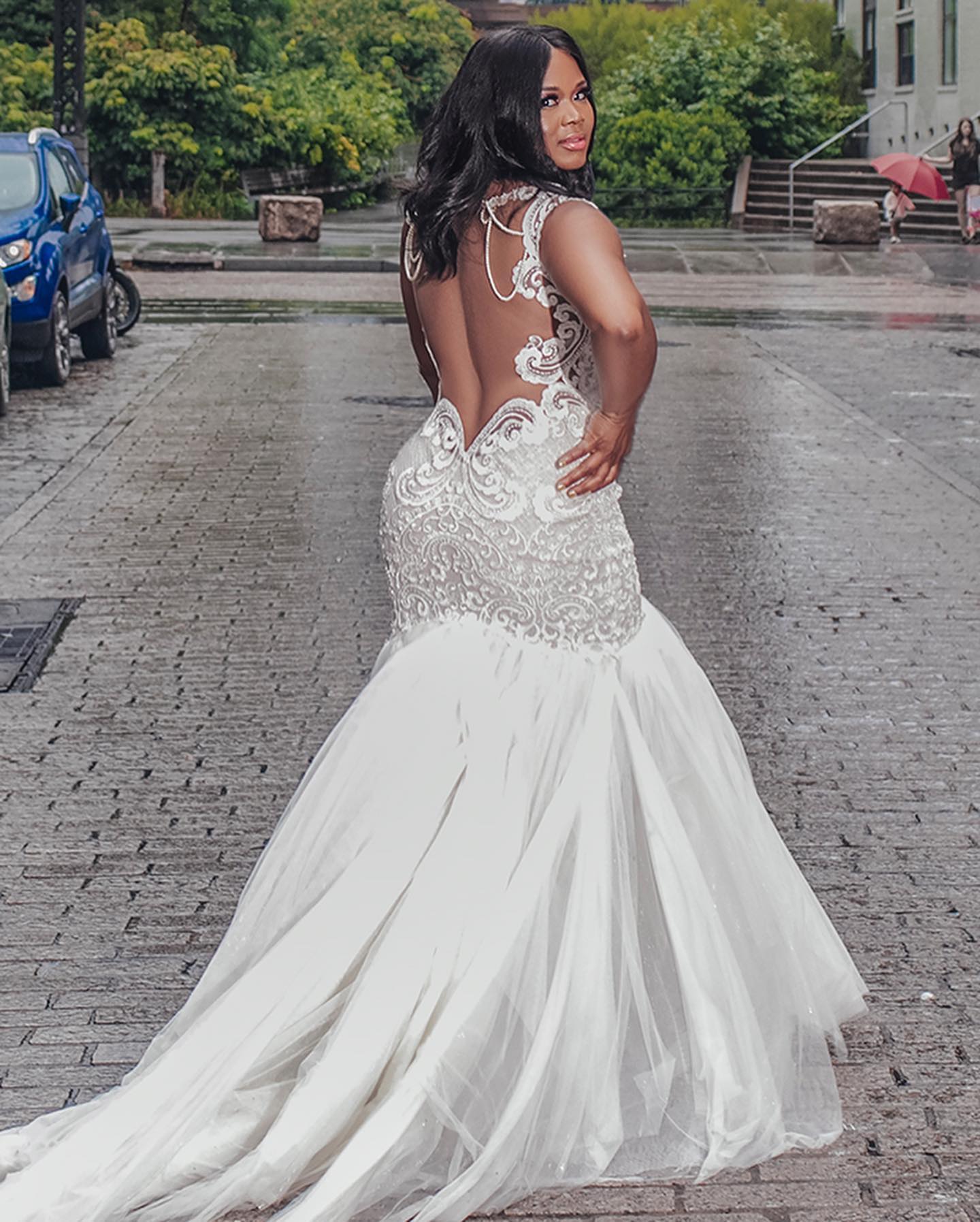 Naama and Anat Bridal's illusion lace wedding dress for brown skin tones