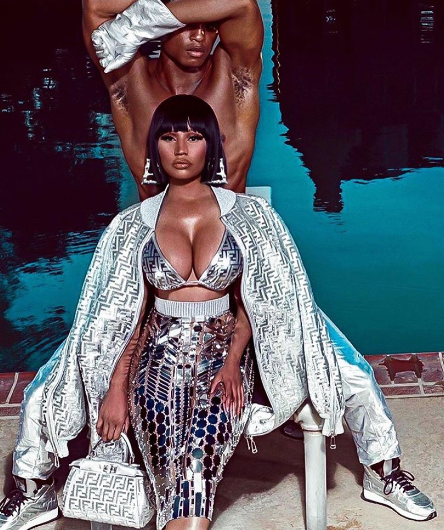 The dress worn by Nicki Minaj in the picture is a Fendi FF logo