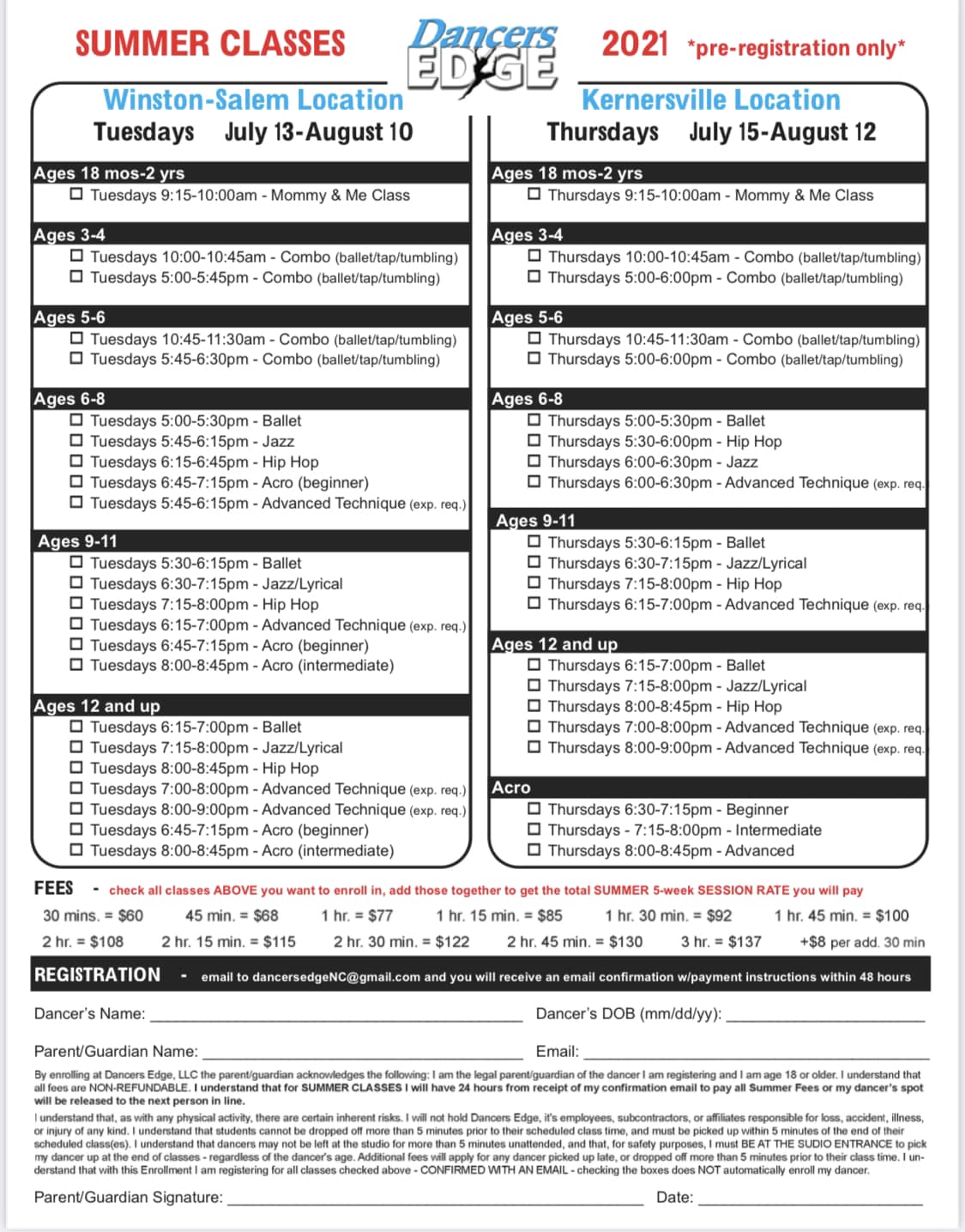 Dancers Edge - Summer pre- registration!! Classes will...