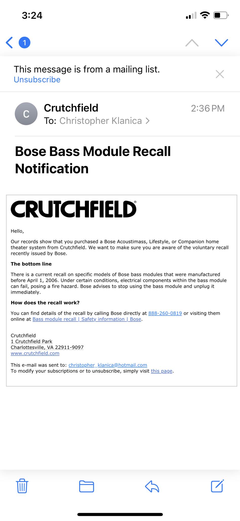 Has everyone seen the recall notice for the Bose bass modules?