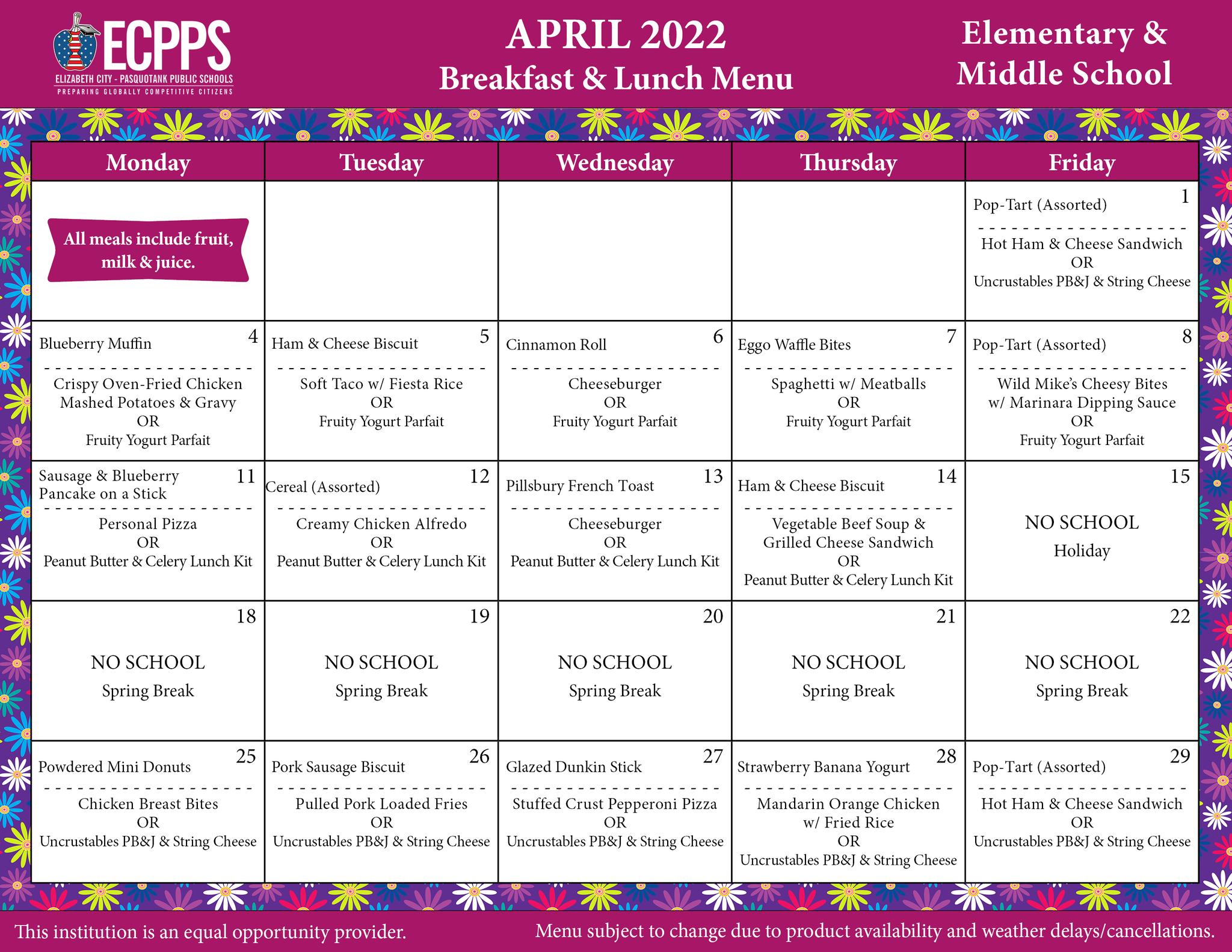 ECPPS - Breakfast/lunch menus for April are available on...