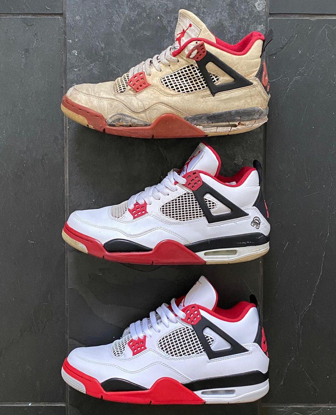 An Air Jordan 4 “Fire Red” comparison from 1989, 2006 and 2020