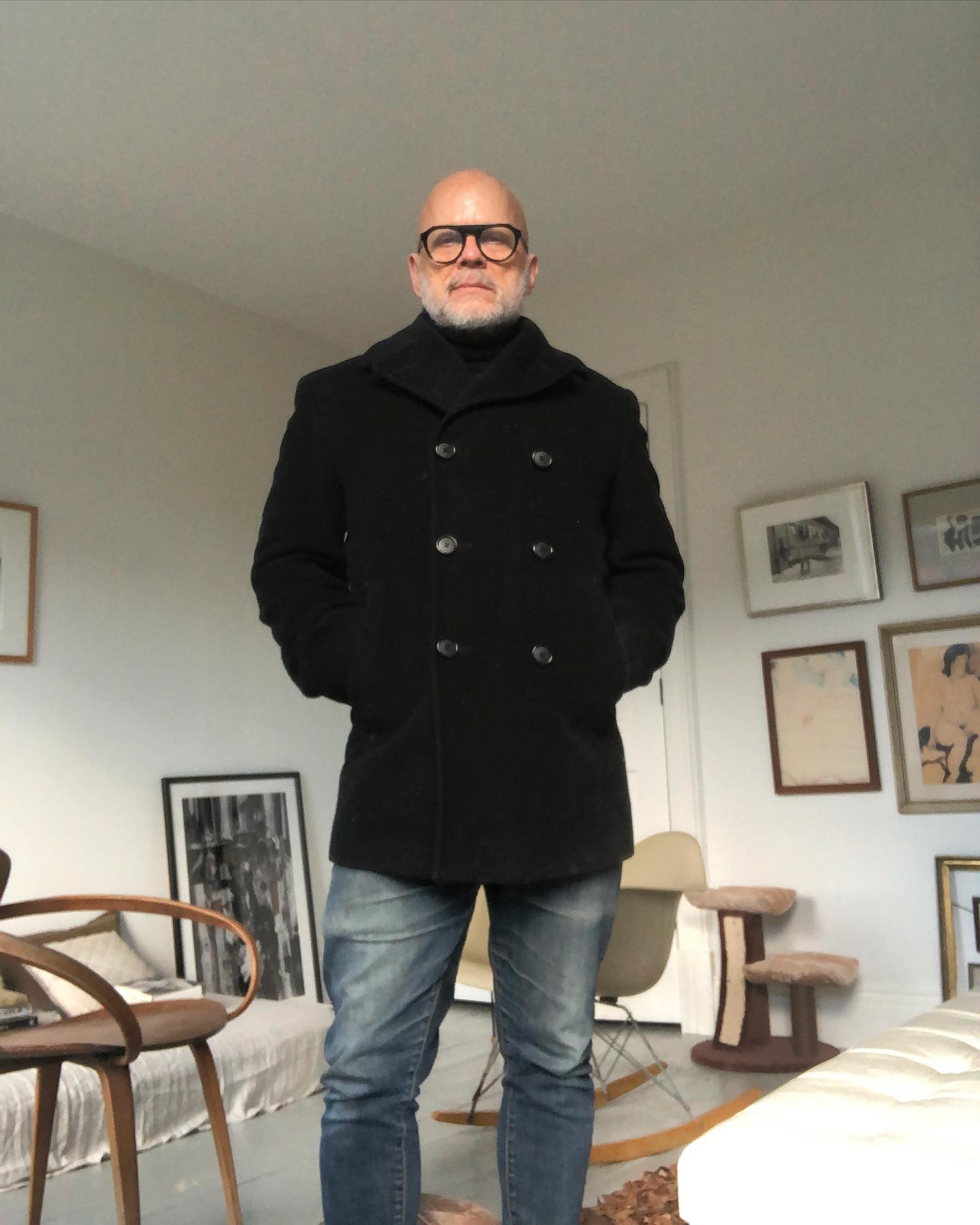 Classic double-breasted pea coat in navy blue wool-blend fabric