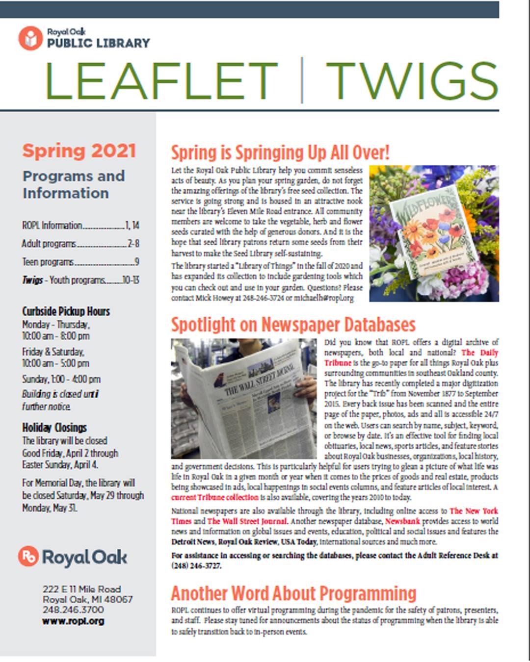Our 2021 Spring Leaflet | Twigs... - Royal Oak Public Library