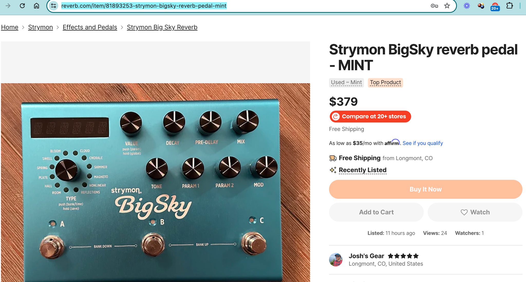 Mint Strymon Big Sky Reverb pedal for sale