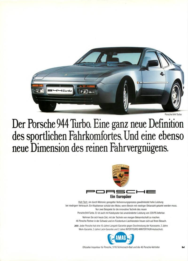 1985 Porsche 944 Turbo Ad. Switzerland.