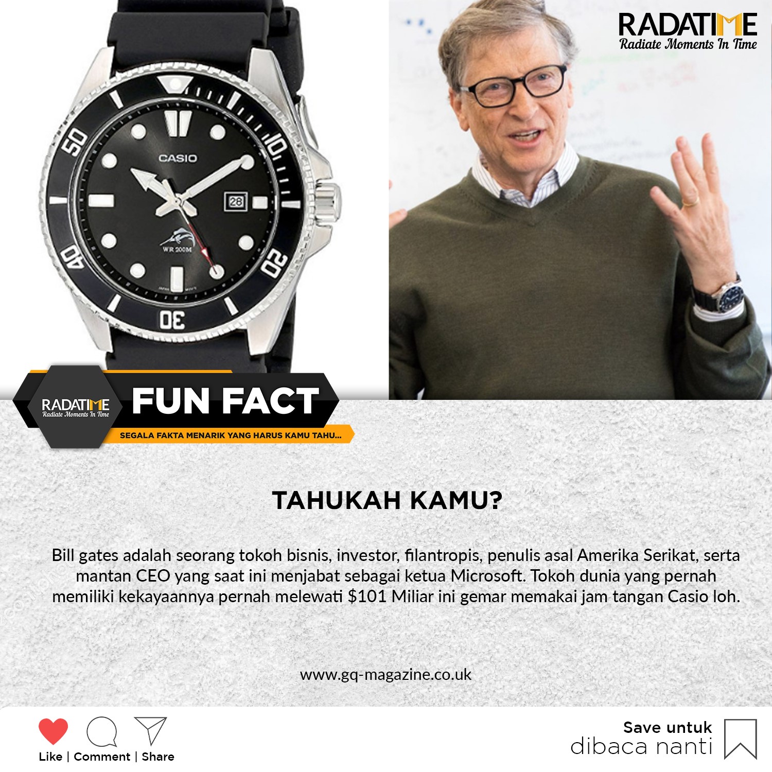 Rada Time Mengejutkan Banget Ya Tokoh Dunia Sekelas Bill Gates Gemar Memakai Jam Tangan Casio Loh Kalian Ada Yang Punya Jam Casio Juga Dapatkan Informasi Menarik Tentang Koleksi Jam