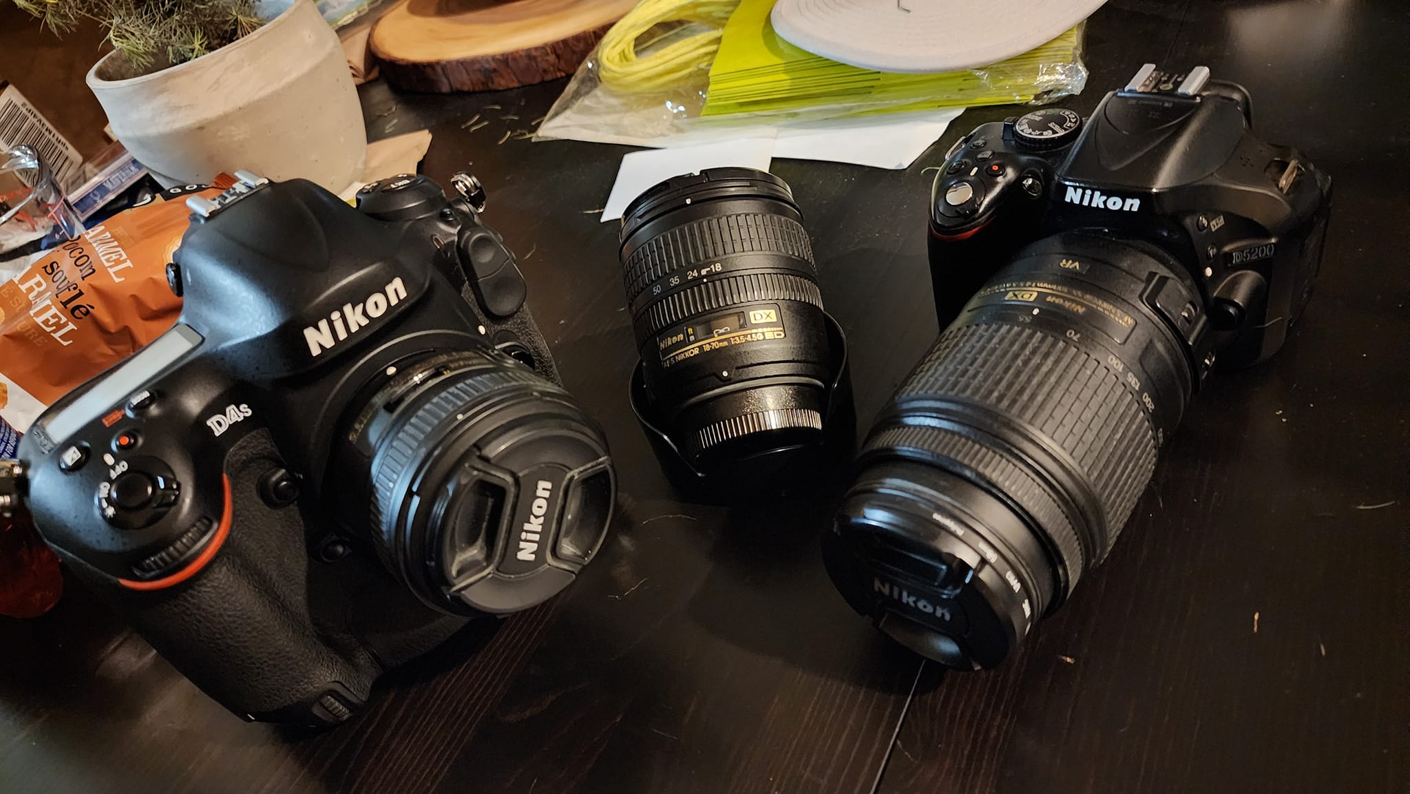 My current set up nikon d4s with a 50mm 1.8, 18-70mm, d5200 with a 