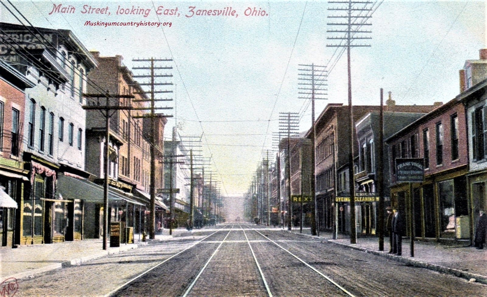 Maple Avenue in 1908 with streetcar and rainy scene