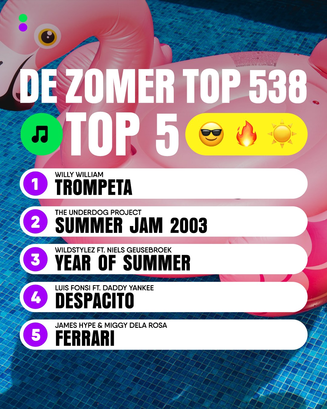 Radio 538 - Dit is de top 5 van 𝐃𝐞 𝐙𝐨𝐦𝐞𝐫 𝐓𝐨𝐩 𝟓𝟑𝟖! ☀️🌴 Heb...