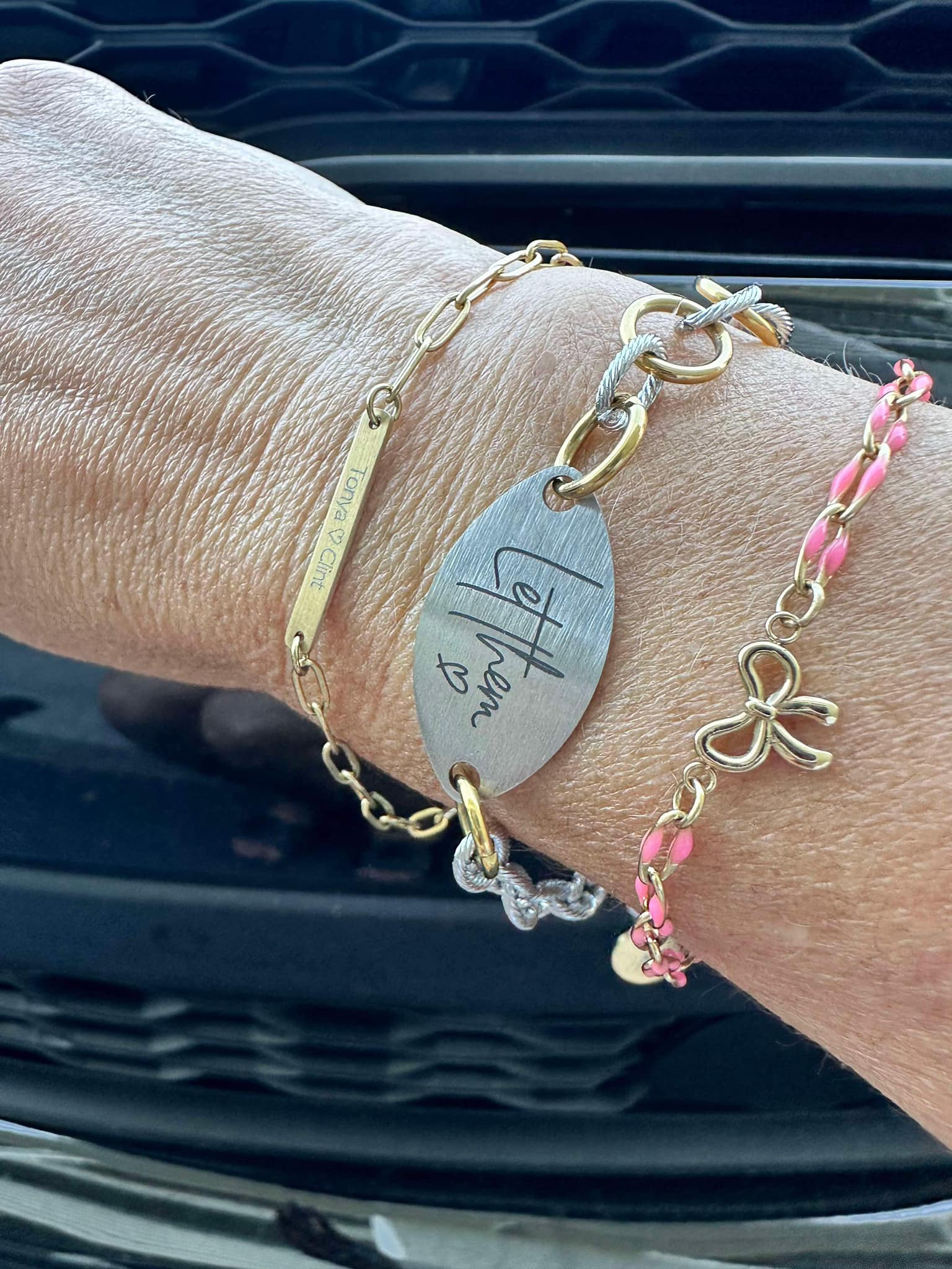 Cute bracelet stack with customized j bloom bracelet