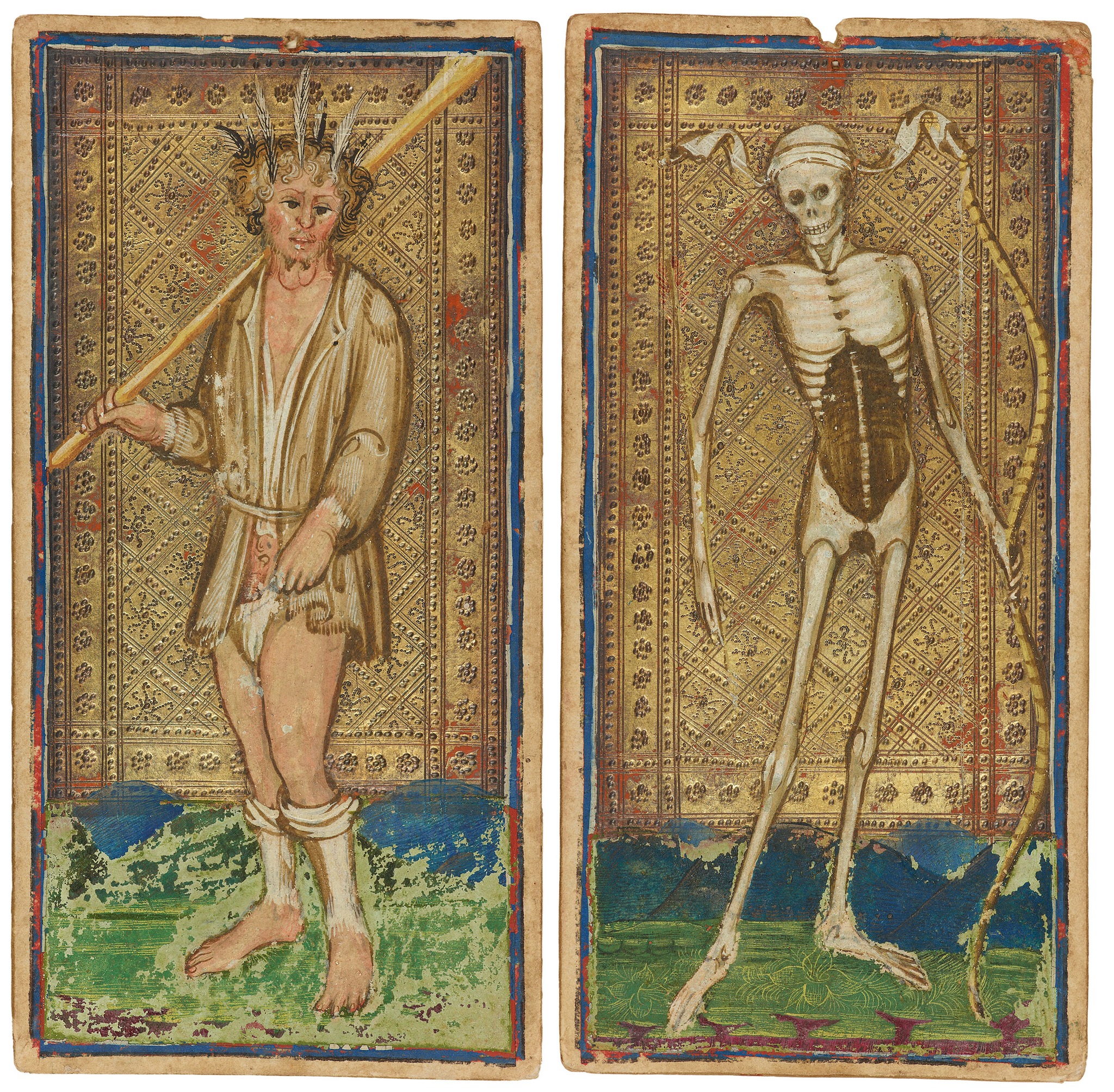 Bonifacio Bembo's tarot series features the fool and death looking