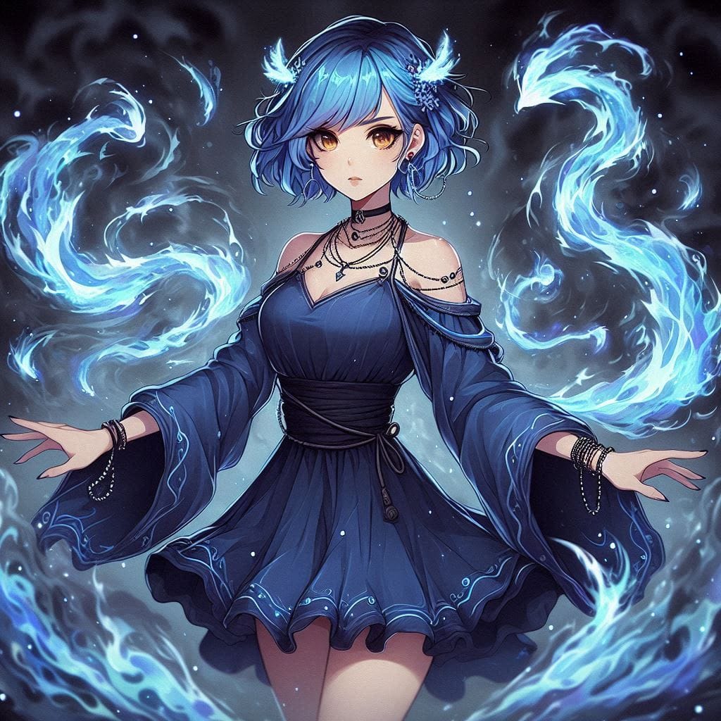 Anime girl with blue hair and dress, blue flames #challenge