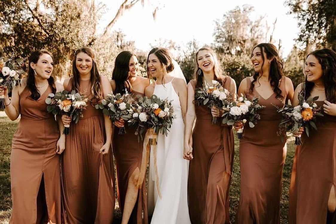 lux chiffon bridesmaid dresses Emily and her beautiful bridesmaids looking luxe in #mixandmatch styles in Sienna. Photo by @photoswithjill Styles from left : TH009, TH008, TH014, TH012, TH016, and LB012 Color:Azure Bream Chiffon;Straps Sleeves size_XL Shoreline Side Slit Swim