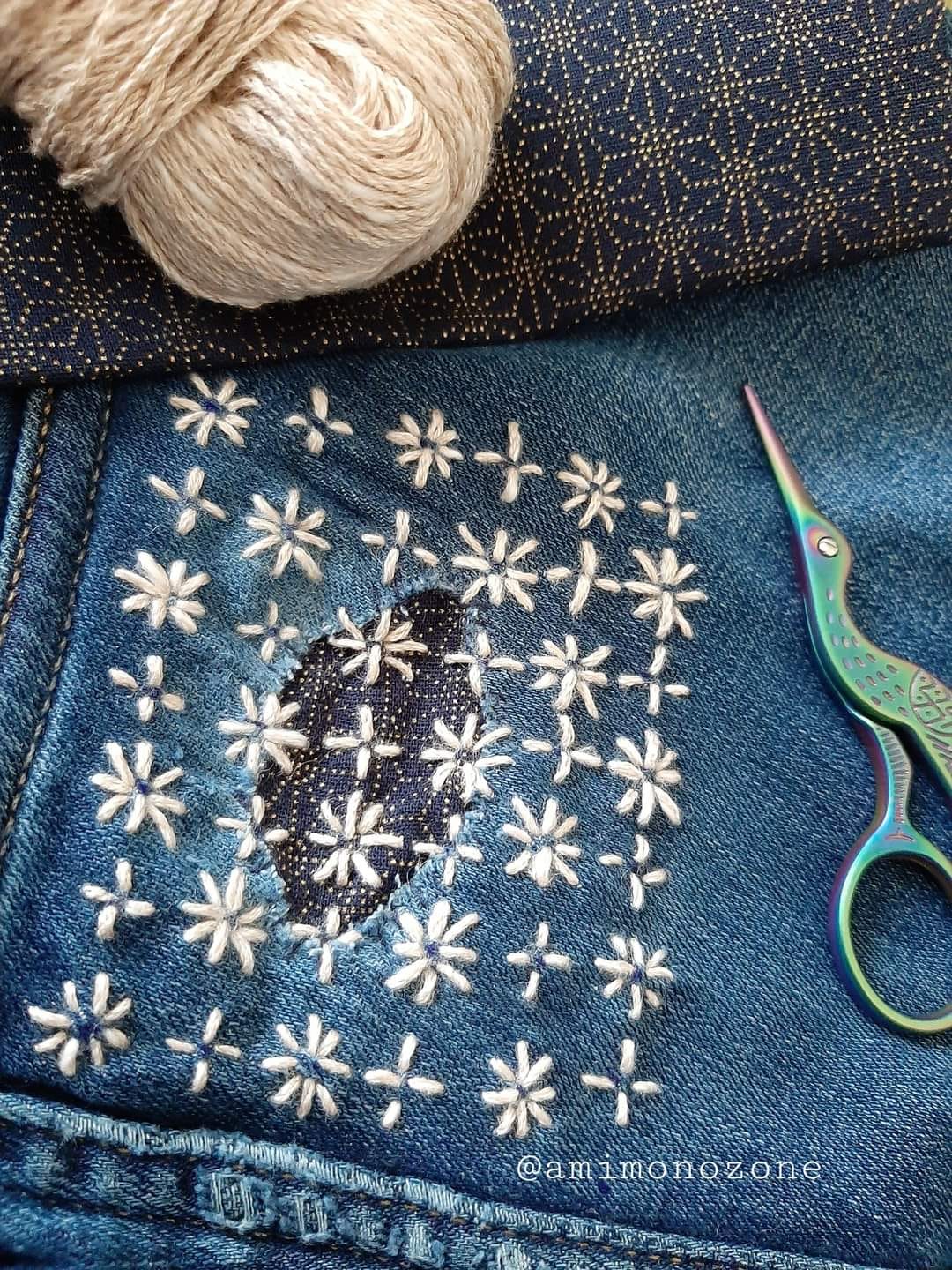 Day2 😻 #sashiko I'm sashiko-stitching the pant legs.