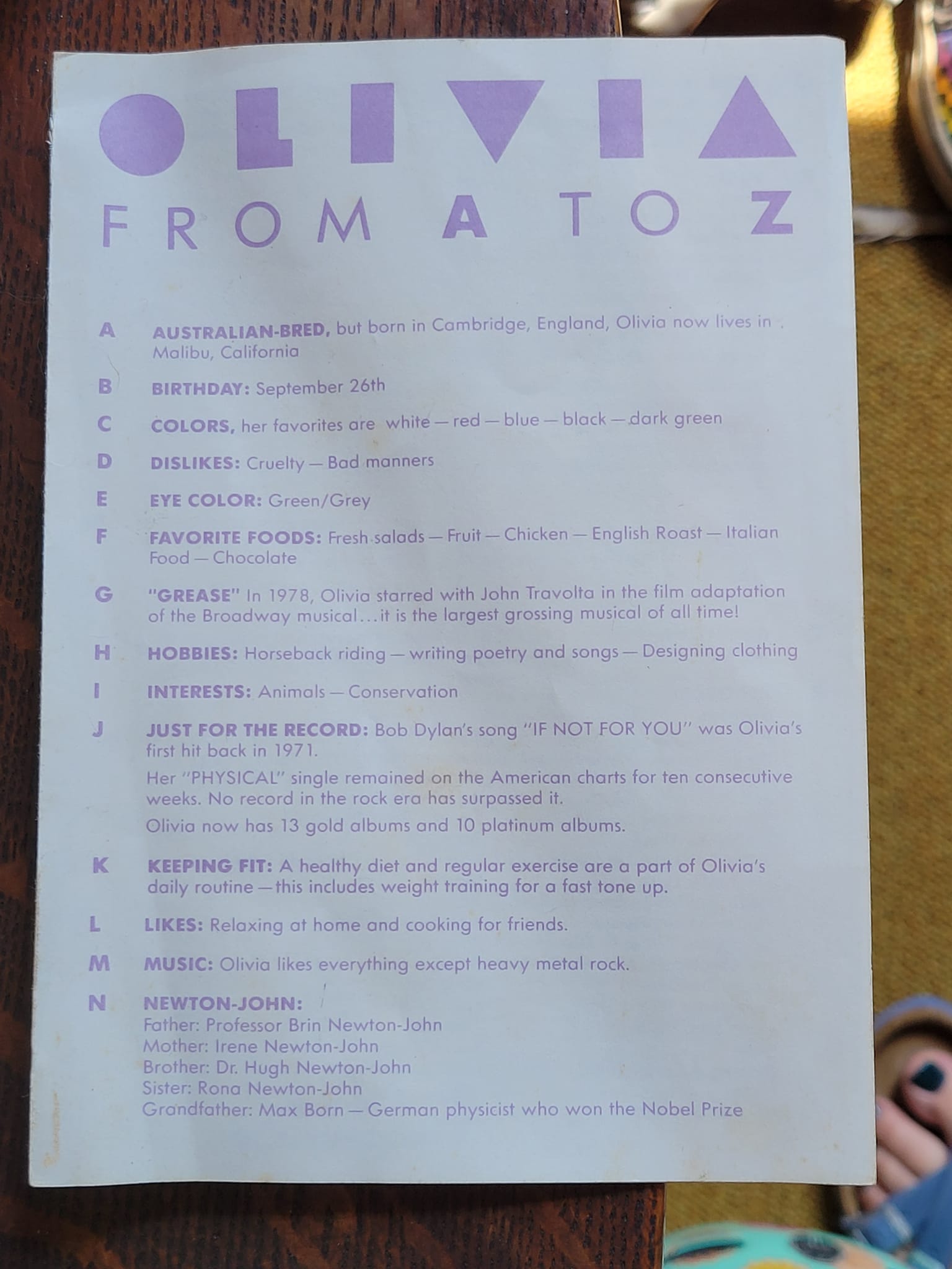 Rediscovering Olivia Newton-John fan club pamphlet from the 80s