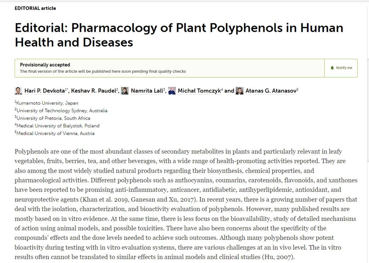 Hari - Editorial: Pharmacology of Plant Polyphenols in Human Health and ...