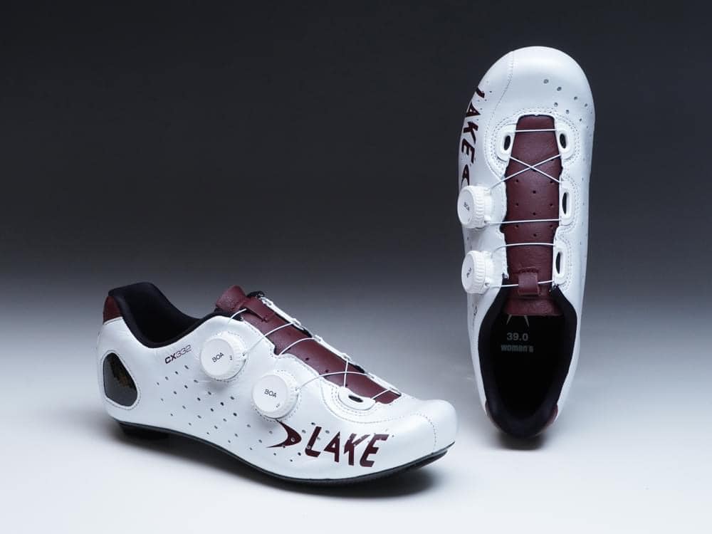 New white CX332 with dark red tongue and logo in gold. #lakecycling
